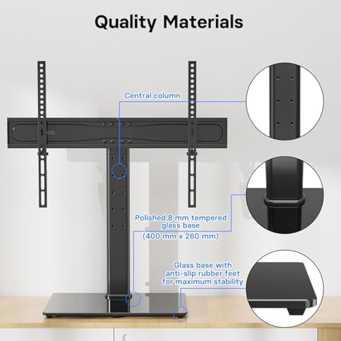BONTEC Universal Table Top Pedestal TV Stand with Bracket for 32-65 inch LCD/LED/Plasma TVs, Height Adjustable TV stand with Tempered Glass Base & Cable Management, Holds 45 KG & Max.VESA 600x400mm