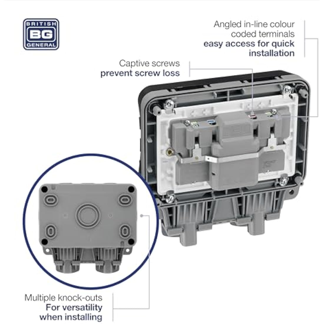 BG Electrical WP22RCD-01 Double Weatherproof Outdoor Switched Power Socket with Latching RCD, IP66 Rated, 13 Amp