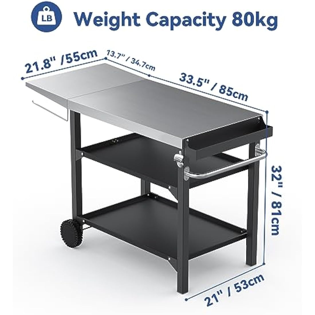 onlyfire BBQ Trolley Food Prep Table Stainless Steel, Flattop Worktable with Side table, Two-Layer Steel Storage Shelves and Utensil Holder