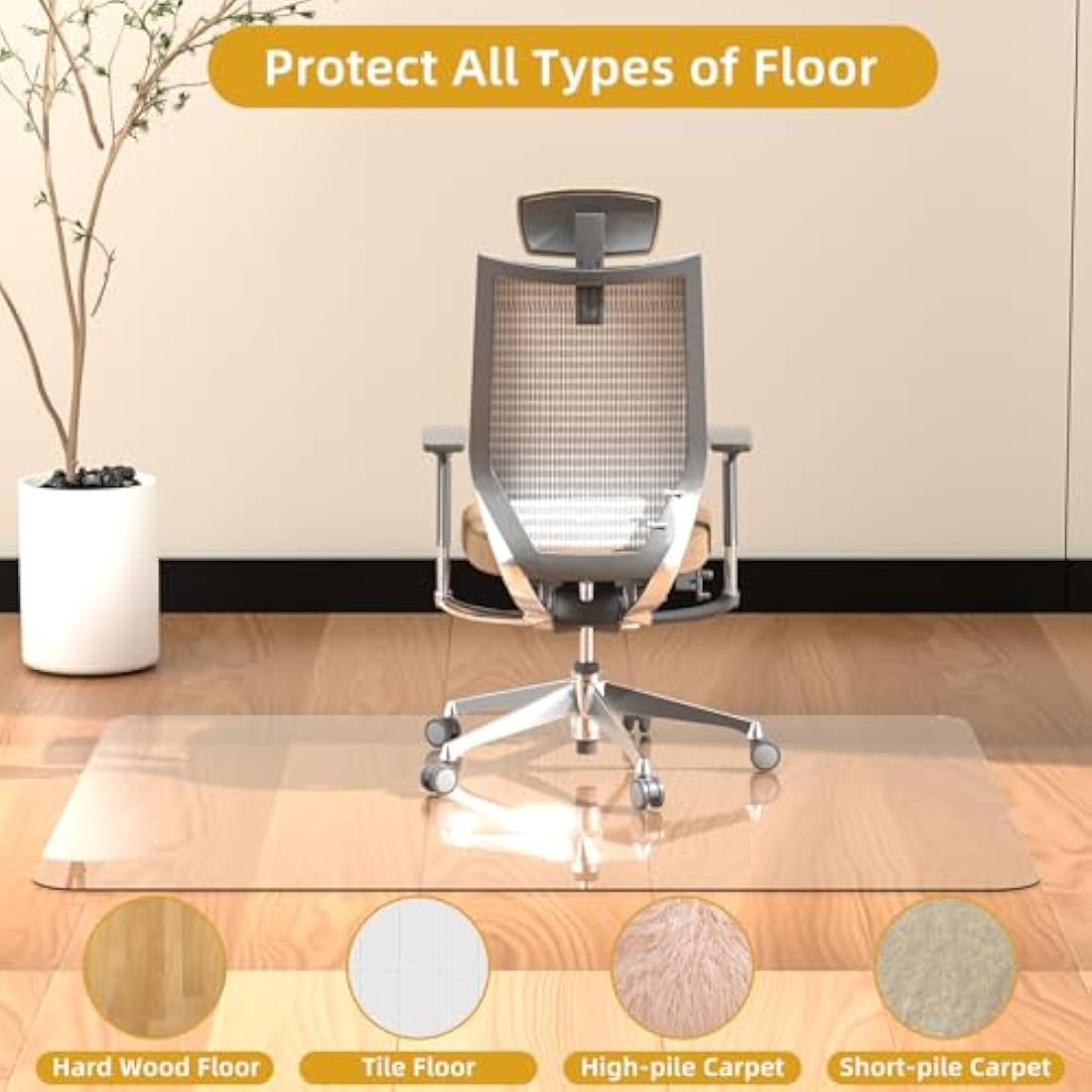 [Tempered Glass] 90cm x 120 cm Glass Chair Mat, Heavy 5mm Thick Premium Tempered Glass Duty Hard Glass Chair Mats for Office Chair on Carpet or Hard Floor with 4 Anti-Slip Pads Easy to Clean Odorless