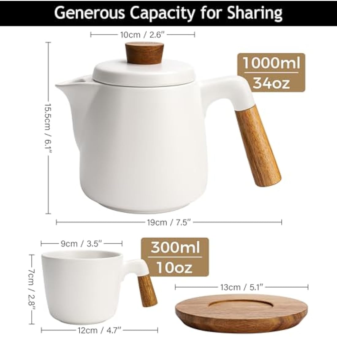 MIAMIO – 1000 ml Ceramic Tea Pot Set with Infuser and Cups/Tea Strainer, 4 Ceramic Tea Mugs (300 ml), Bamboo Saucers/Handle for Home and Office (White)