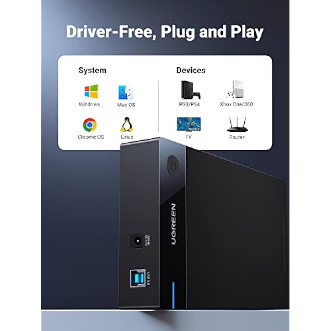 UGREEN Hard Drive Enclosure, USB 3.0 to SATA HDD Caddy for 2.5 3.5 inch SSD HDD Disk up to 22TB with DC Power Adapter, Tool-free Lay-Flat Hard Drive Docking Station for Windows Linux macOS, PS4, Xbox