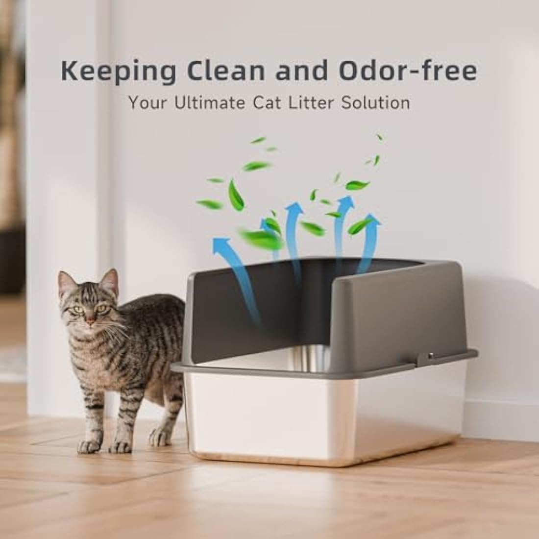 Bsadne High-Sided Stainless Steel Cat Litter Box with Lid, Medium, Easy-to-Clean Metal Litter Pan for Cats (20" L x 14" W x 12" H with Enclosure)