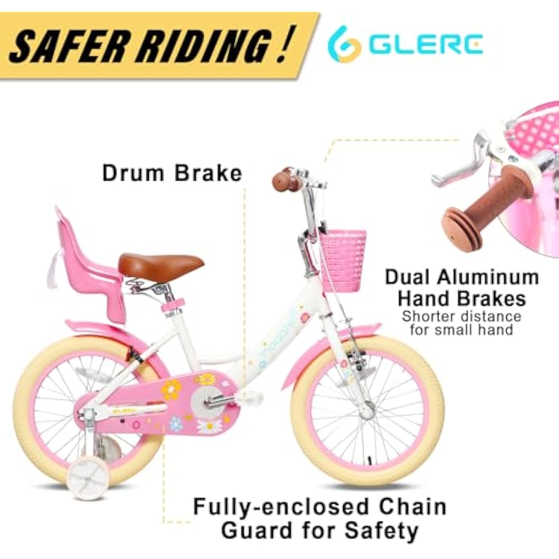 Glerc Maggie 12 Inch Kids Bike for 2-13 Years Old, Girls Bicycle with Doll-Seat & Basket & Stabilisers & Kickstand, Multiple Colors