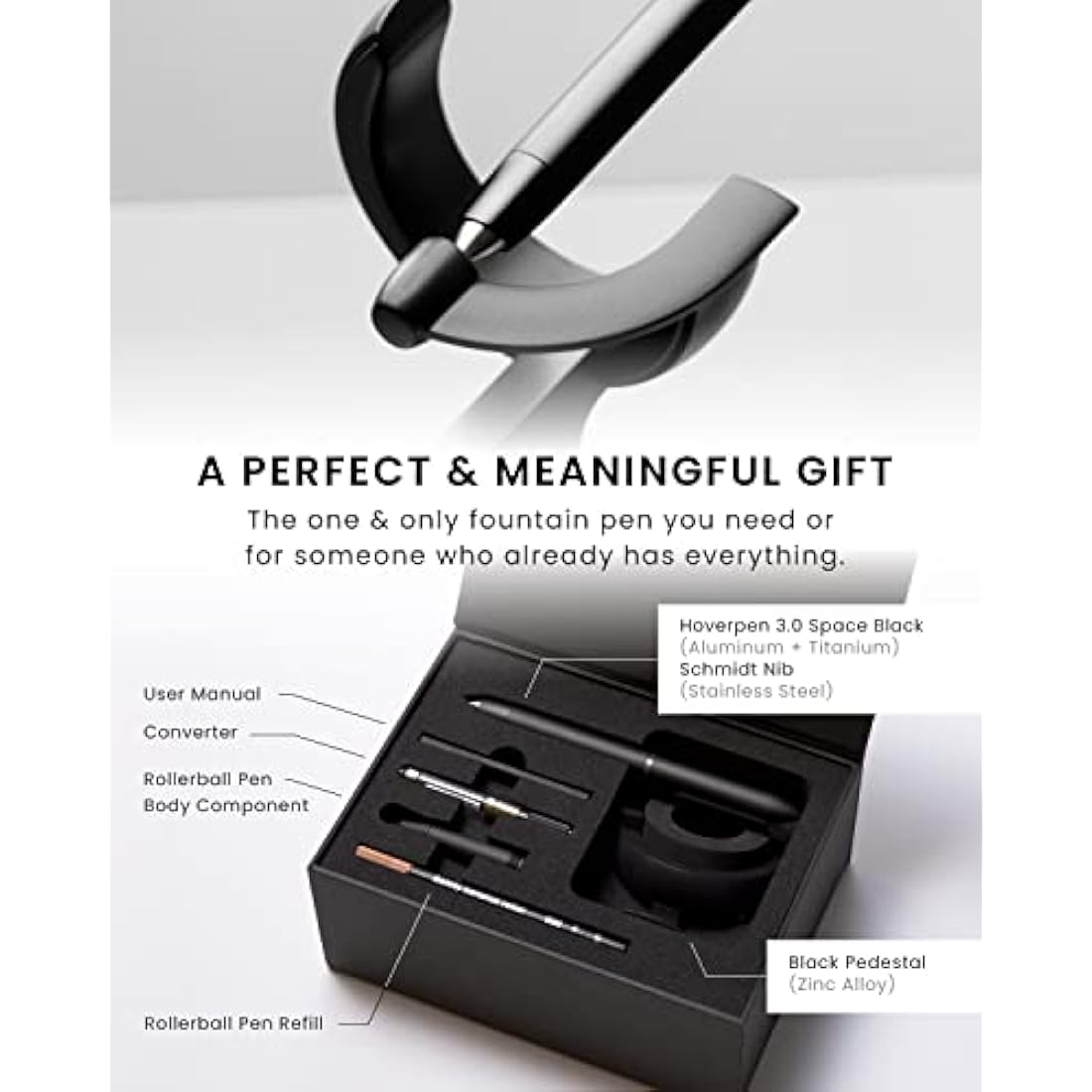 novium Hoverpen Future Edition - Luxury Fountain Pen & Rollerball Pen All-In Gift Box, Fine Nib, Futuristic Aesthetic, Aerospace Metal Made, Free Spinning Pen, Christmas Gifts for Men (Deep Black)