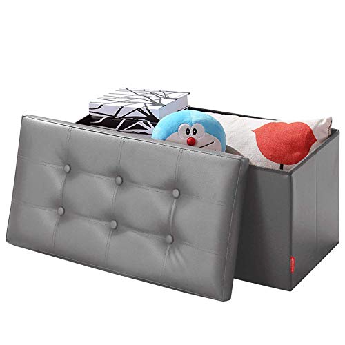 BRIAN & DANY Folding Ottoman Storage Bench with Lid, Foot Stool Faux Leather Large Storage boxes with Lid, Gray, 76 x 38 x 38 cm
