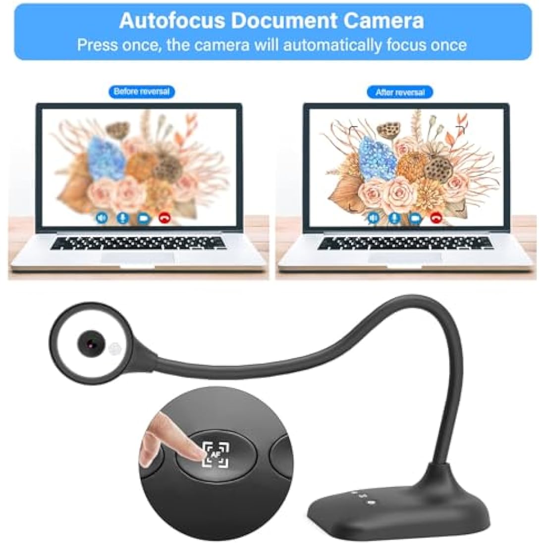 Kitchbai Visualiser, USB Document Camera for Teaching, PC Camera for Classroom with Auto Focus, MIC, LED Light, Image Invert, Fold, for Mac OS, Windows, Chromebook, for Distance Learning, Online Art
