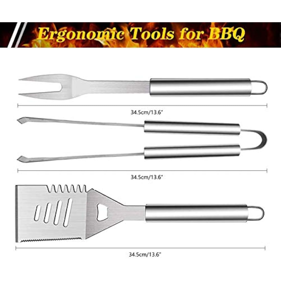 QH7 3Pack BBQ Barbecue Tool Set, Stainless Steel Outdoor Barbecue Grill Utensils Set with Storage Bags for Picnics