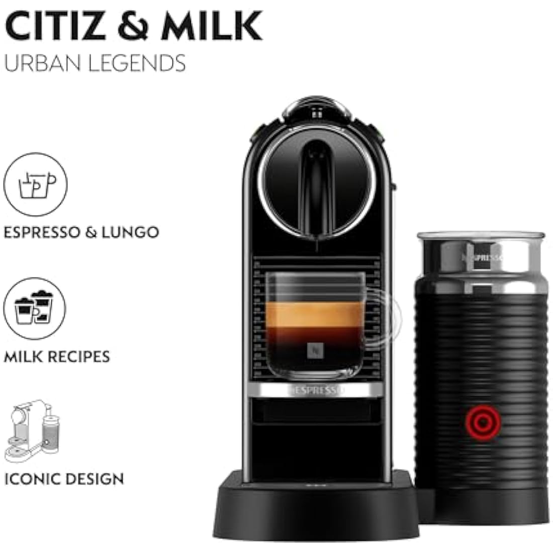 Nespresso Citiz Coffee Machine with Aeroccino Milk Frother by De'Longhi for Original Coffee Pods, Latte, Cappuccino, Espresso, Starter Capsule Set Included, ENV267.BAE, Black