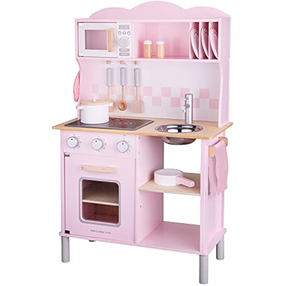 New Classic Toys 11067 Wooden Pretend Toy Kitchen for 3Y+, for Kids Included Accessoires-Comes with Electric Cooking Plate-Makes Sound, Pink