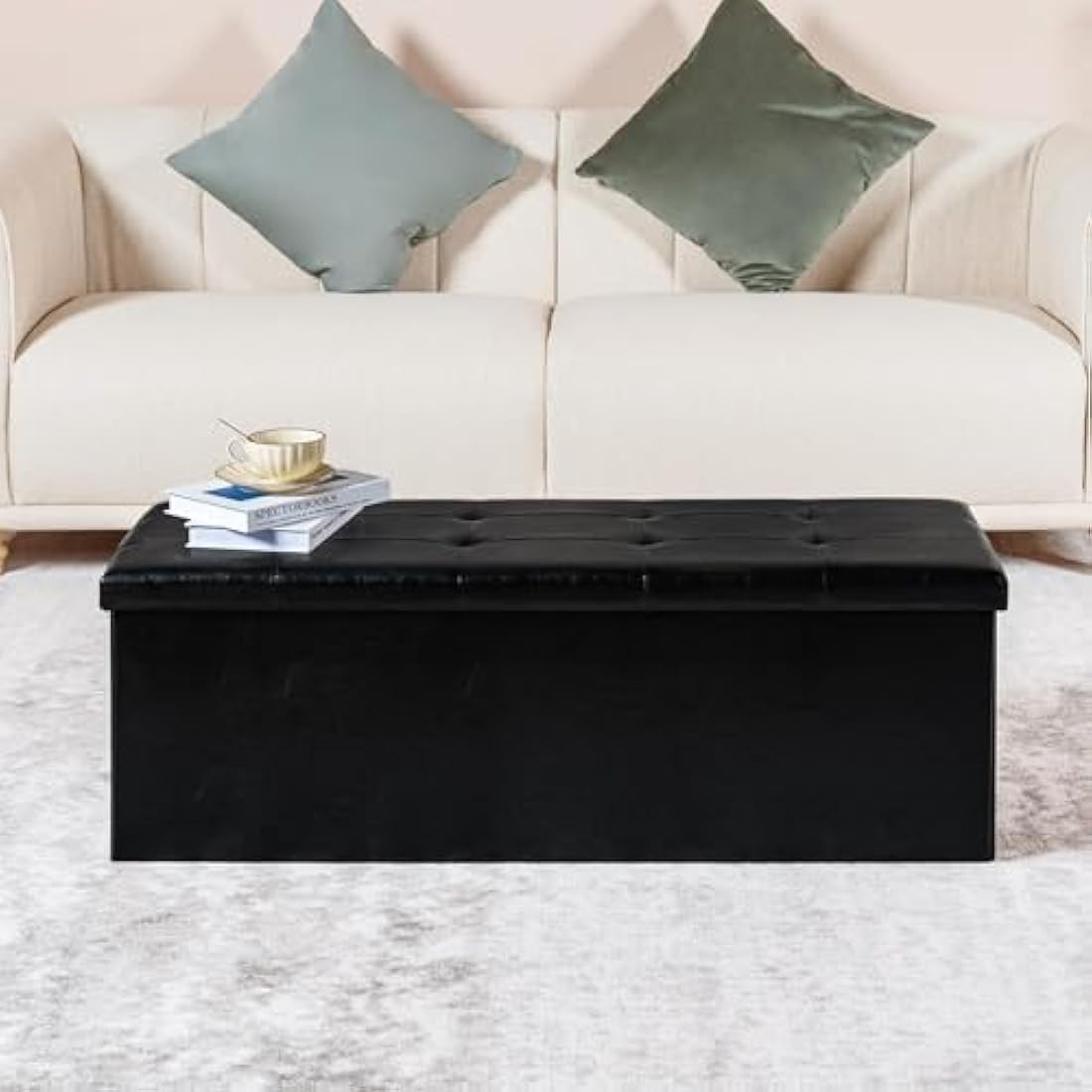 Bonlife End of Bed Storage Bench,Folding Black Ottoman Seat,Toy Chest Box Bedside Table Faux Leather Footstool for Living Room,110x38x38cm