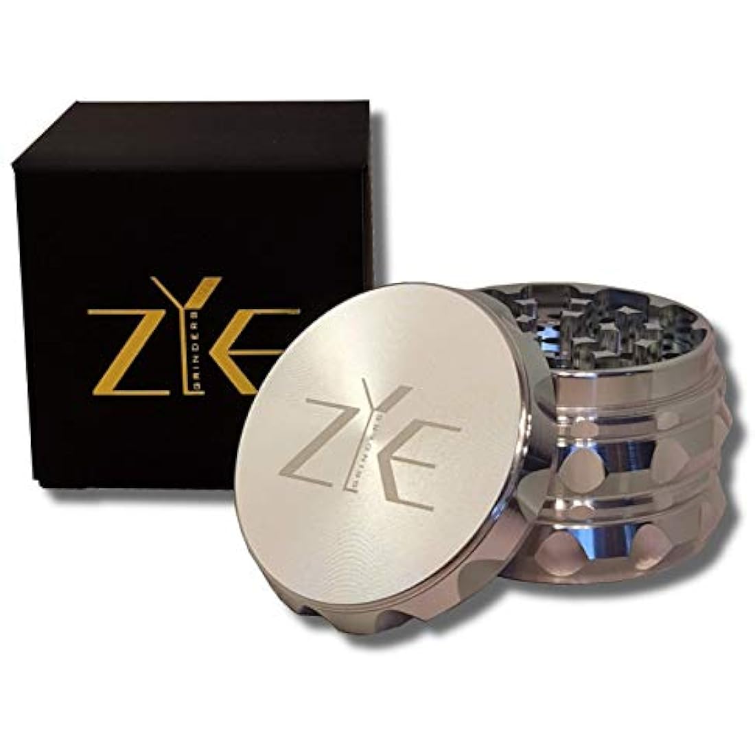 ZYE Herb Grinder – Quality Aluminium w/Ultra Sharp Teeth – Large 2.5" 4 Piece w/Twist & Lock Storage Layer – No Flaking and Non-Stick - Silver