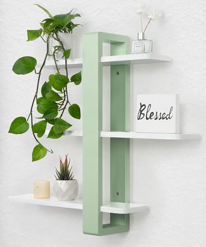 SUMGAR Floating Shelves for Wall Mounted Shelf Unit White Green All Pine Wood 50CM 3 Tier Large Rack for Bedroom Living Room Office Bathroom Home