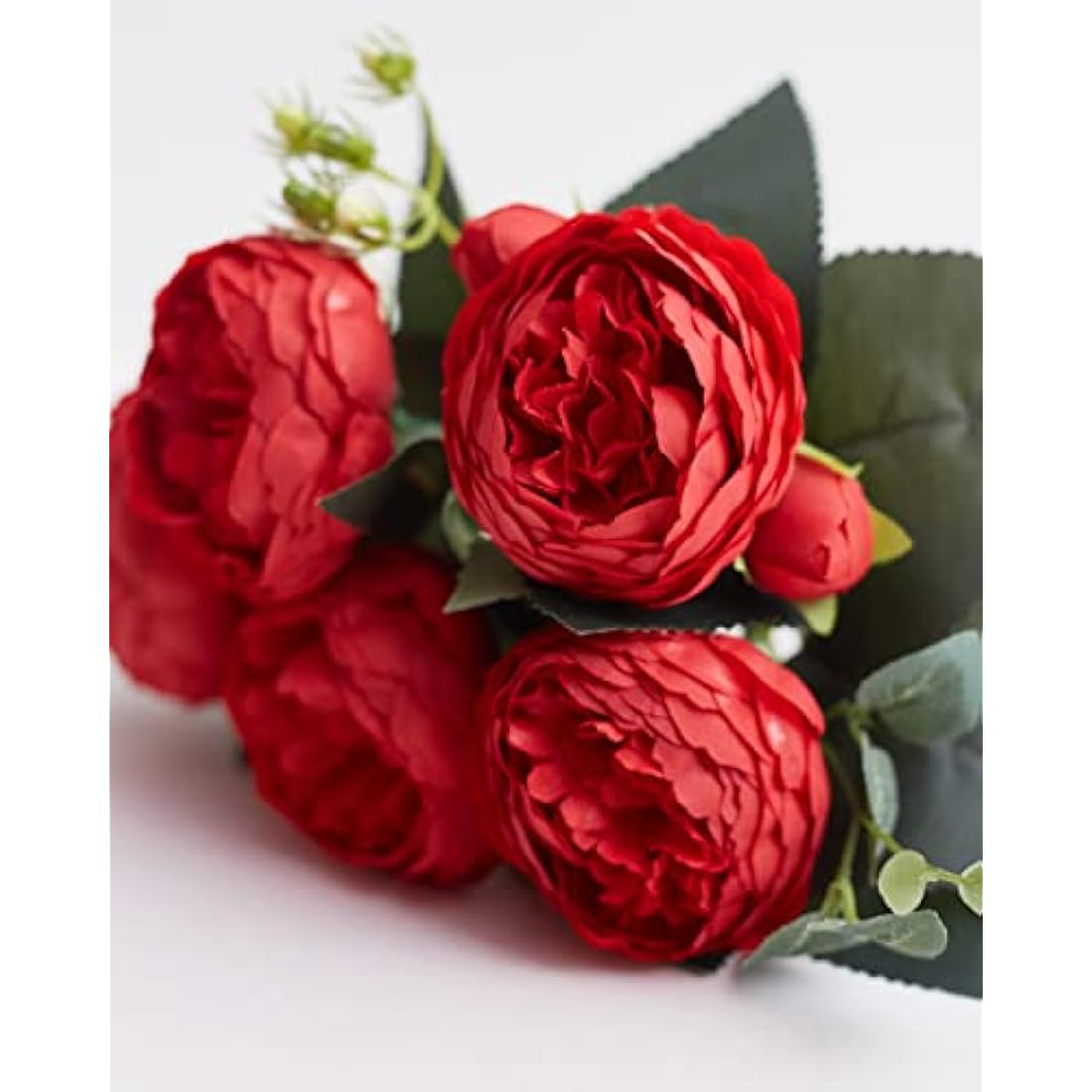 The Baked Studio - Silk Peony and Tea Rose Artificial Bouquet 9 Heads Realistic Fake Plant for DIY Craft Cake Living Room Home Wedding Decoration (Christmas Red)