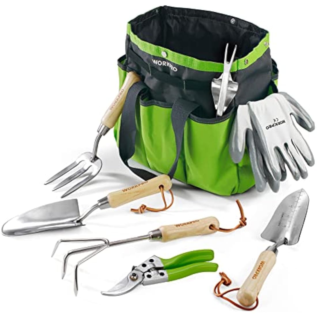 WORKPRO 8-Piece Garden Tools Set, Stainless Steel Hand Tools with Wooden Handle, Including Gloves, Trowel, Weeder, Hand fork, Hand Rake, Transplanter, Pruner and Garden Tote