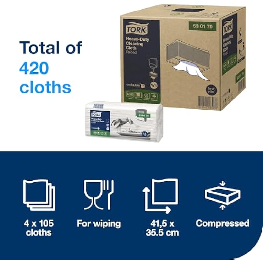 Tork Heavy-Duty Cleaning Cloth White W4, Multipurpose, 4 x 105 Cloths, 530179