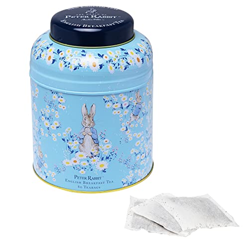 New English Teas Peter Rabbit Tea Caddy with 240 English Breakfast Tea Bags in Blue, Beatrix Potter