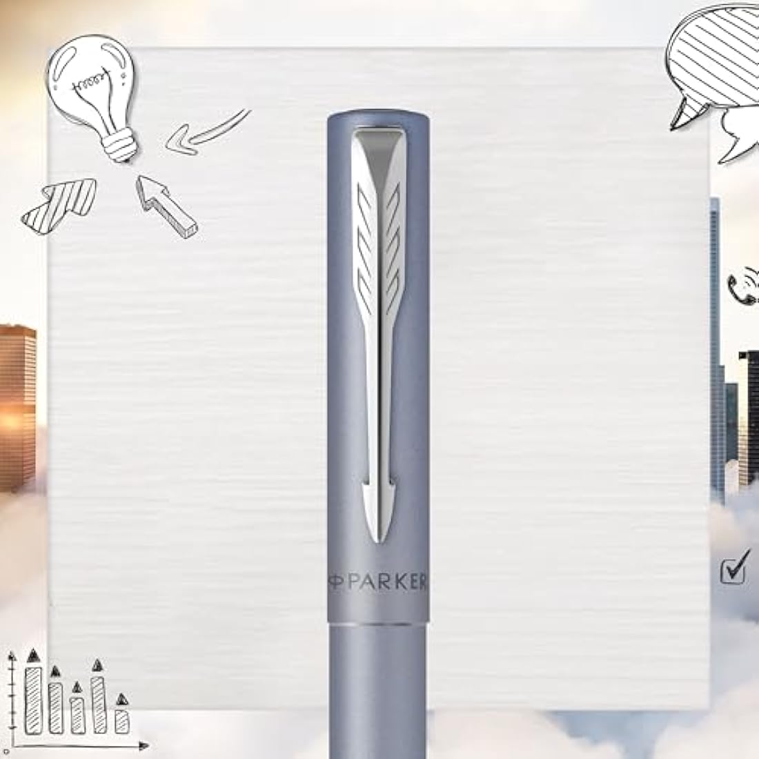 Parker Vector XL Fountain Pen | Metallic Silver-Blue Lacquer on Brass | Medium Nib with Blue Ink Refill | Gift Box