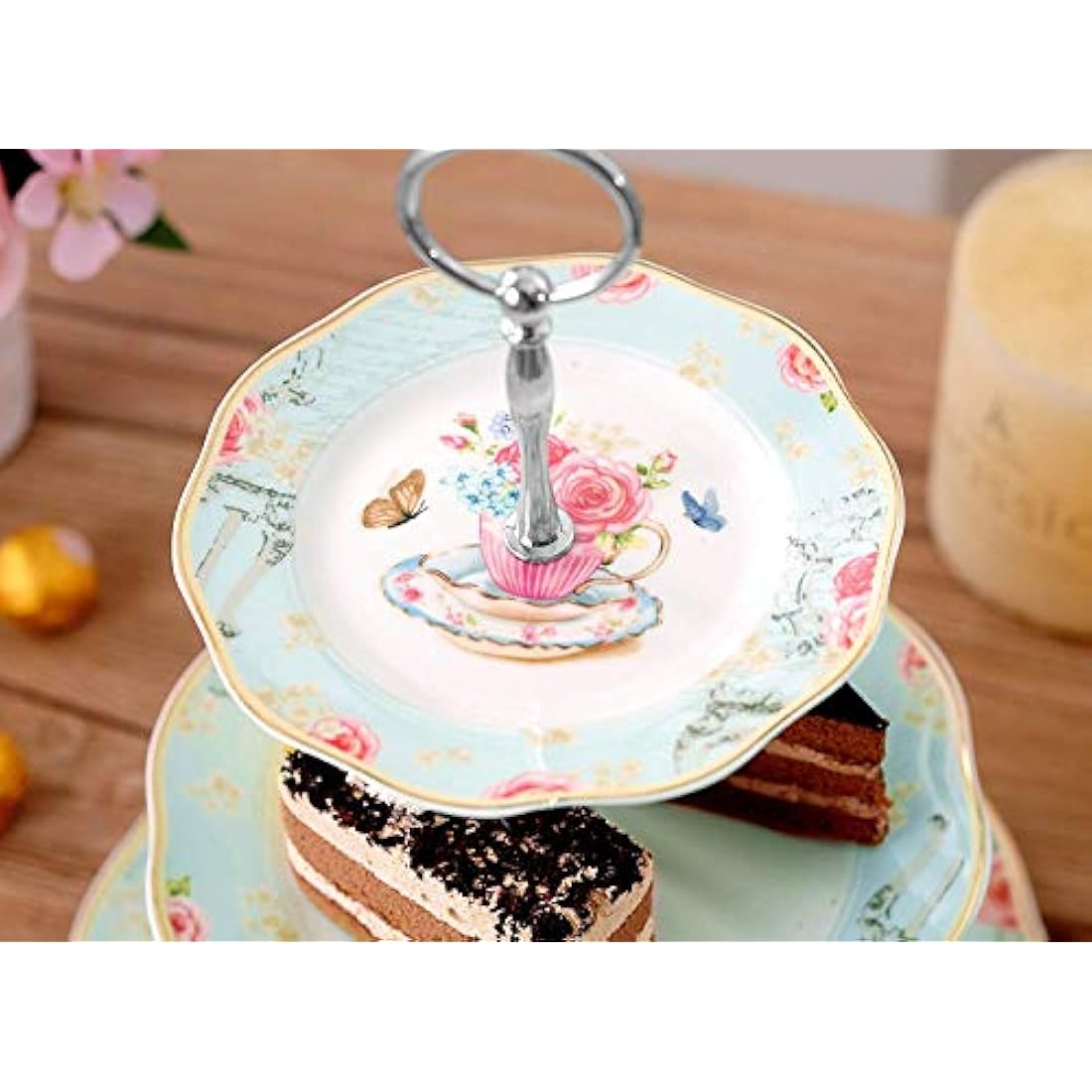 YBK Tech Vintage 3 Tier Porcelain Cake Stand Dessert Display Stand Cakes Platter Food Rack (Light Blue)