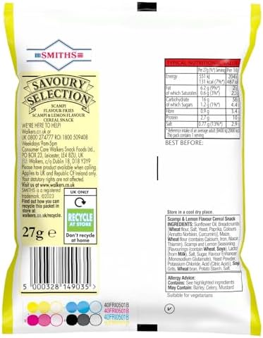 Smith's Savoury Selection Scampi & Lemon Fries 27g (Sheet of 24 Bags) - Scampi and Lemon Flavor Cereal Snack [Packaging may vary]