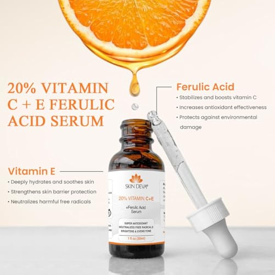 SKIN DEVA 20% Vitamin C and E with Ferulic acid, for acne scars,hyperpigmentation and anti aging 30ML