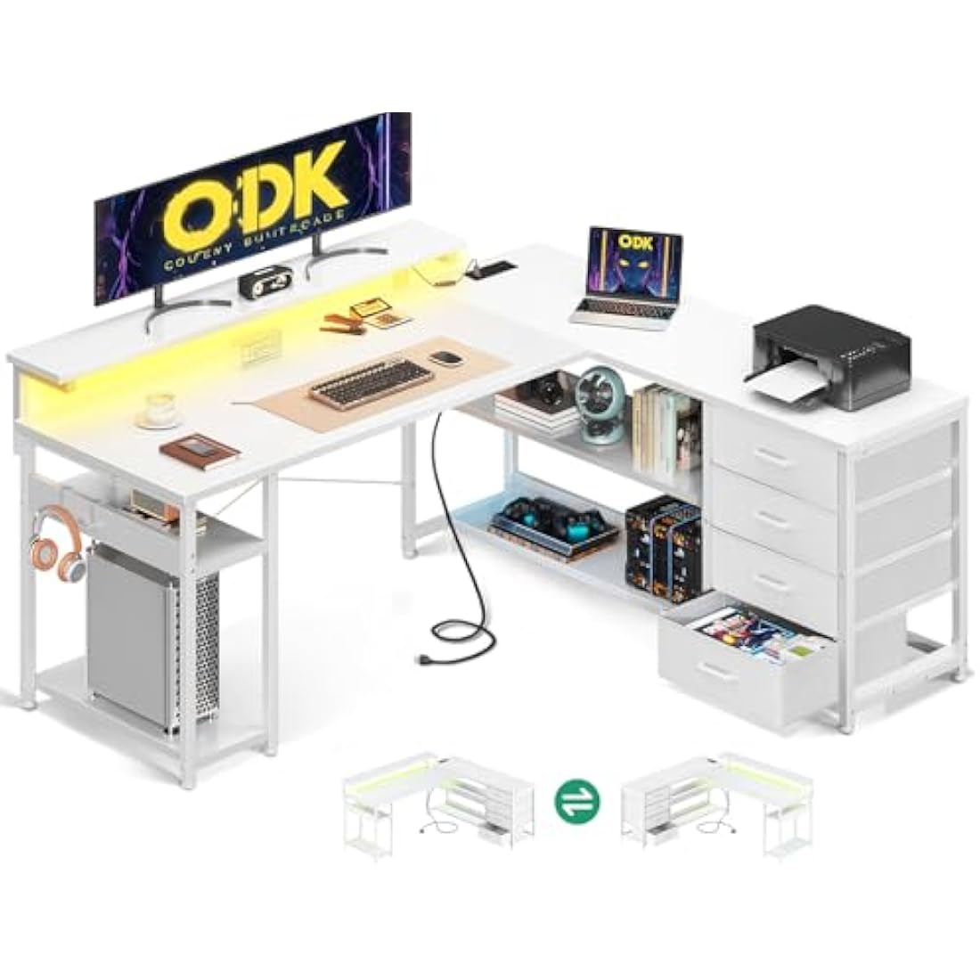 ODK Corner Desk with Drawers, L Shaped Gaming Desk with LED Lights & Power Outlets, Reversible Computer Desks for Home Office Workstation, Office Desks with Monitor Shelf, 135×110 cm, White