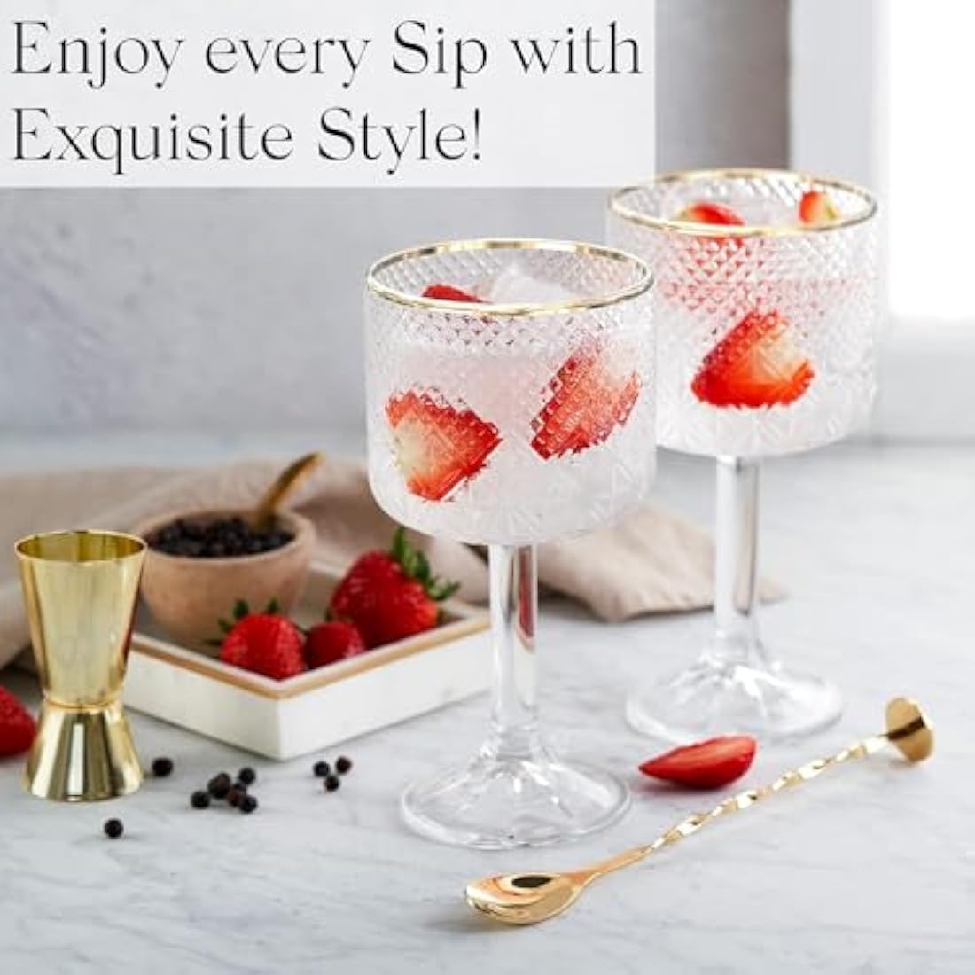 Gin Glasses Set of 2 - Luxury Gin Gifts for Women or Men - Inc 2 x Gold Rim G&T/Cocktail Glasses, Spoon & Double-Sided Measure I Gin Gift Sets for Women I Gin Lovers Copa