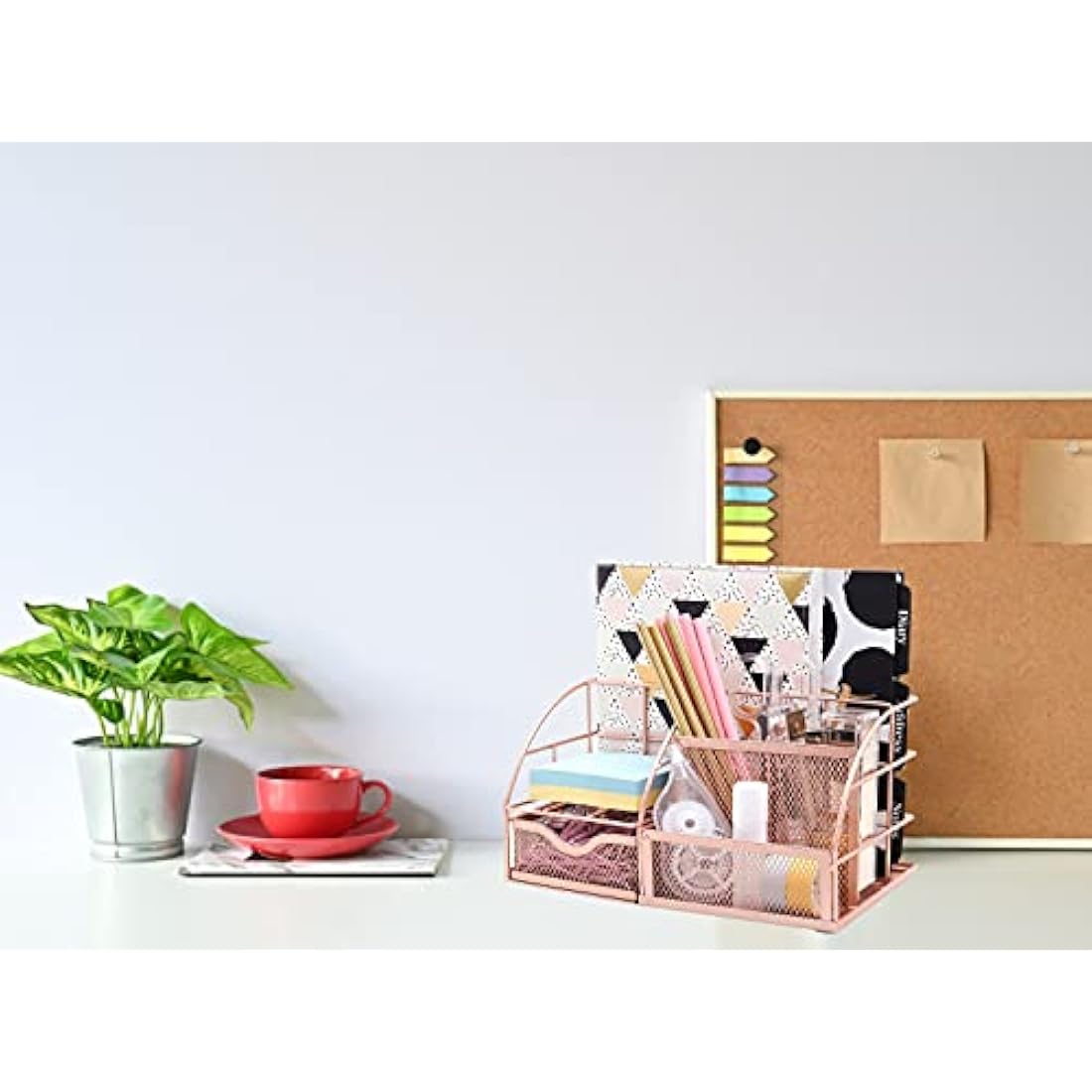 EXERZ Desk Organiser/Mesh Desk Tidy Caddy/Pencil Holder Multifunctional with 7 Compartments - Rose Gold
