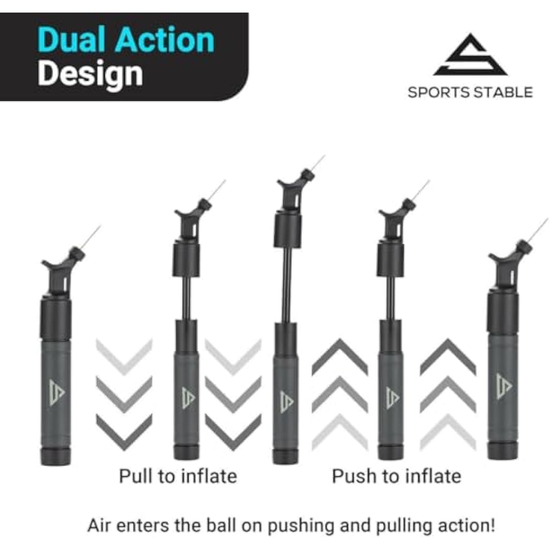 Sports Stable Ball Pump with 5 Needles. Dual Action Air Pump for Your Football, Rugby Ball, Volleyball, Basketball, Handball and Other Inflatable Balls