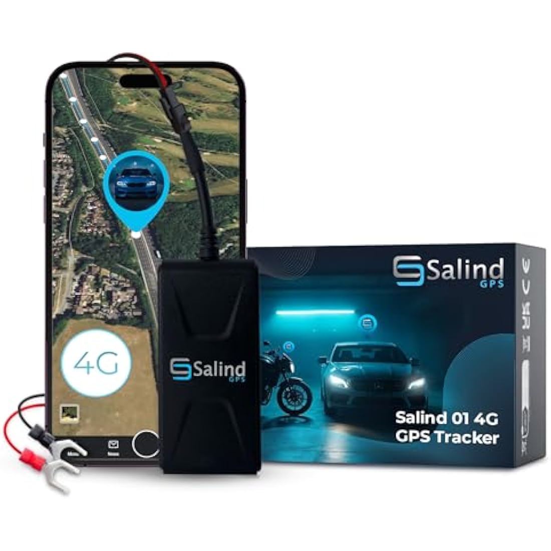 Salind 01 4G - GPS Tracker for Cars, Motorcycles and Other Vehicles - Direct Connection to Battery - UK & Worldwide Real Time Tracking, Route Memory System and Alarms - Wire Length 1.06m