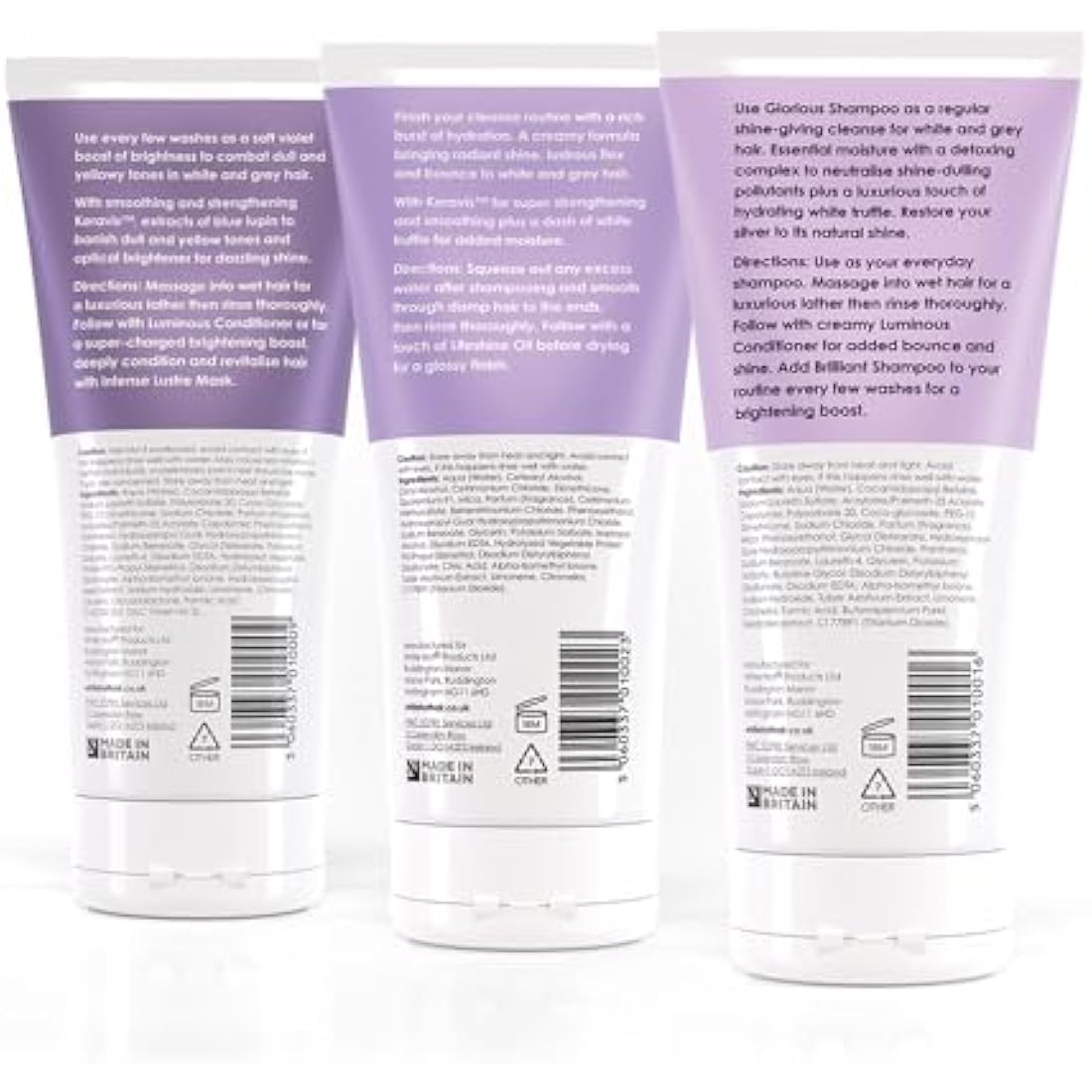 White Hot Cleanse & Condition Trio: brightening hair care regime to cleanse & add gloss to white & grey hair, purple shampoo