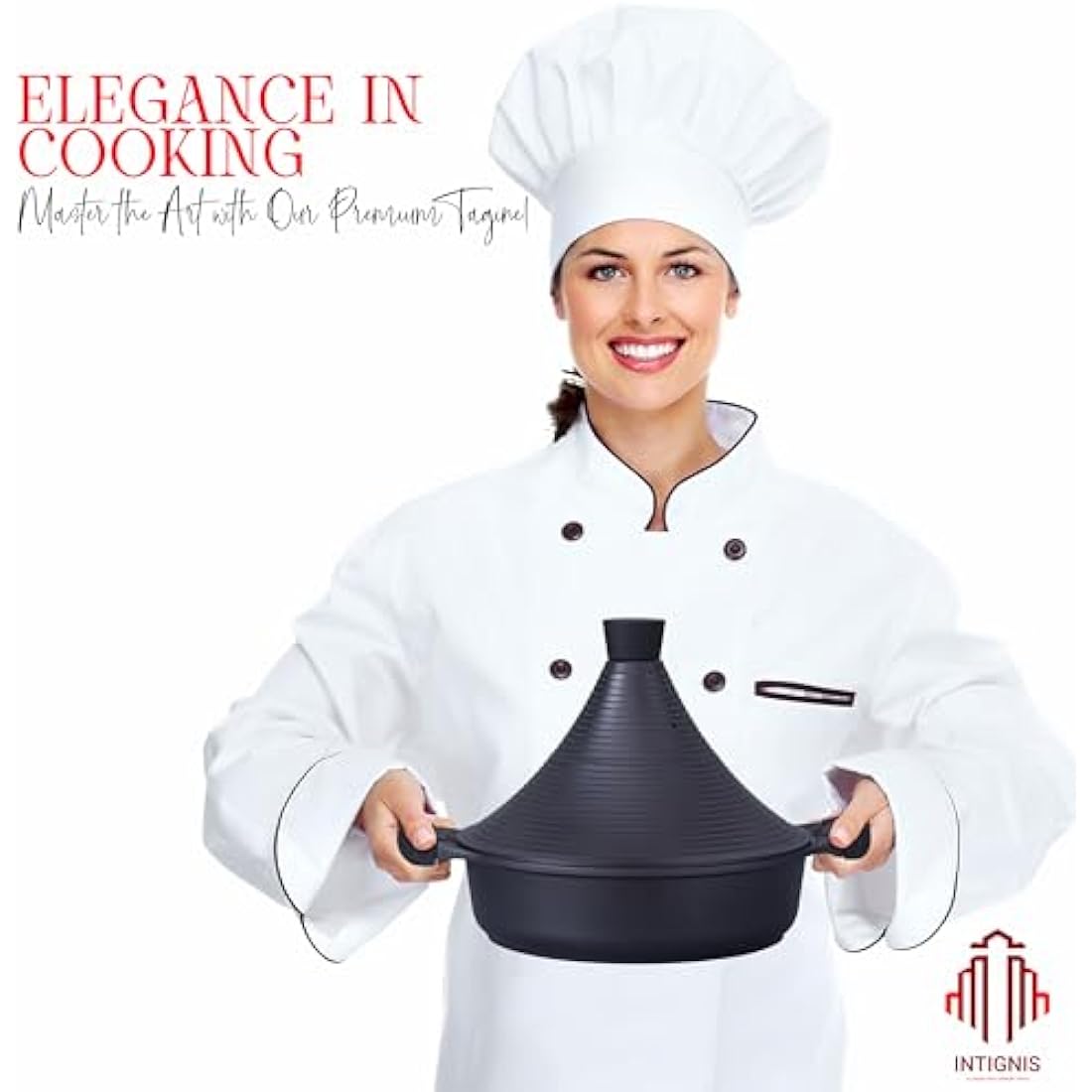 INTIGNIS® Tagine Cooking Pot | 28cm / 4.1 L | Large Casserole Dish | Nonstick Chemical Free Coating | Compatible with all Hobs | Traditional Moroccan Tender Slow Cook Tajin Pan (Black)