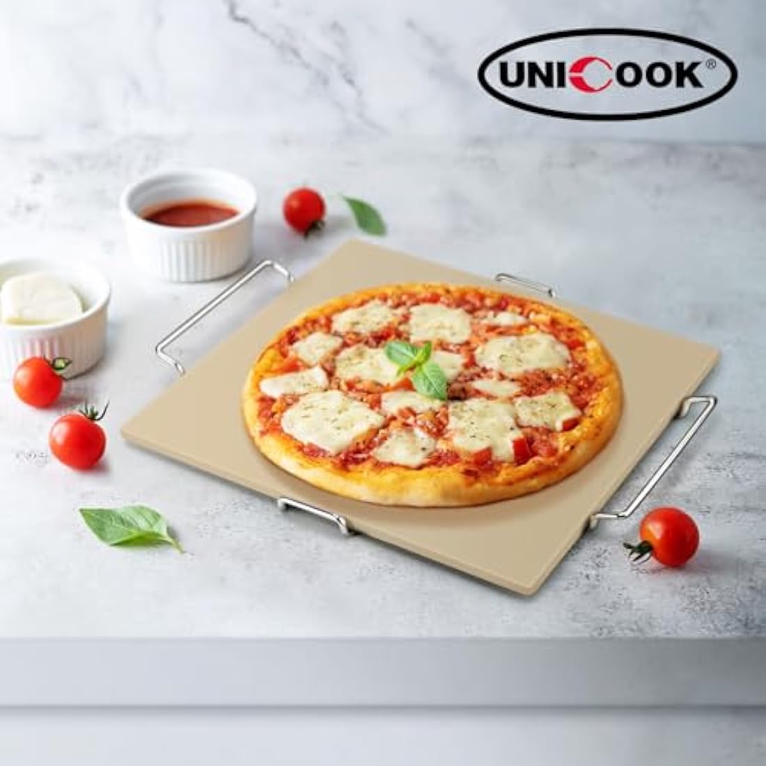 Unicook 30.5 x 30.5 cm Pizza Stone for Oven and Grill, Oven Baking Stone for Bread, Cordierite Pizza Pan for Baking Crispy Bread, Pie and Cookies, Includes Carry Rack and Dough Scraper