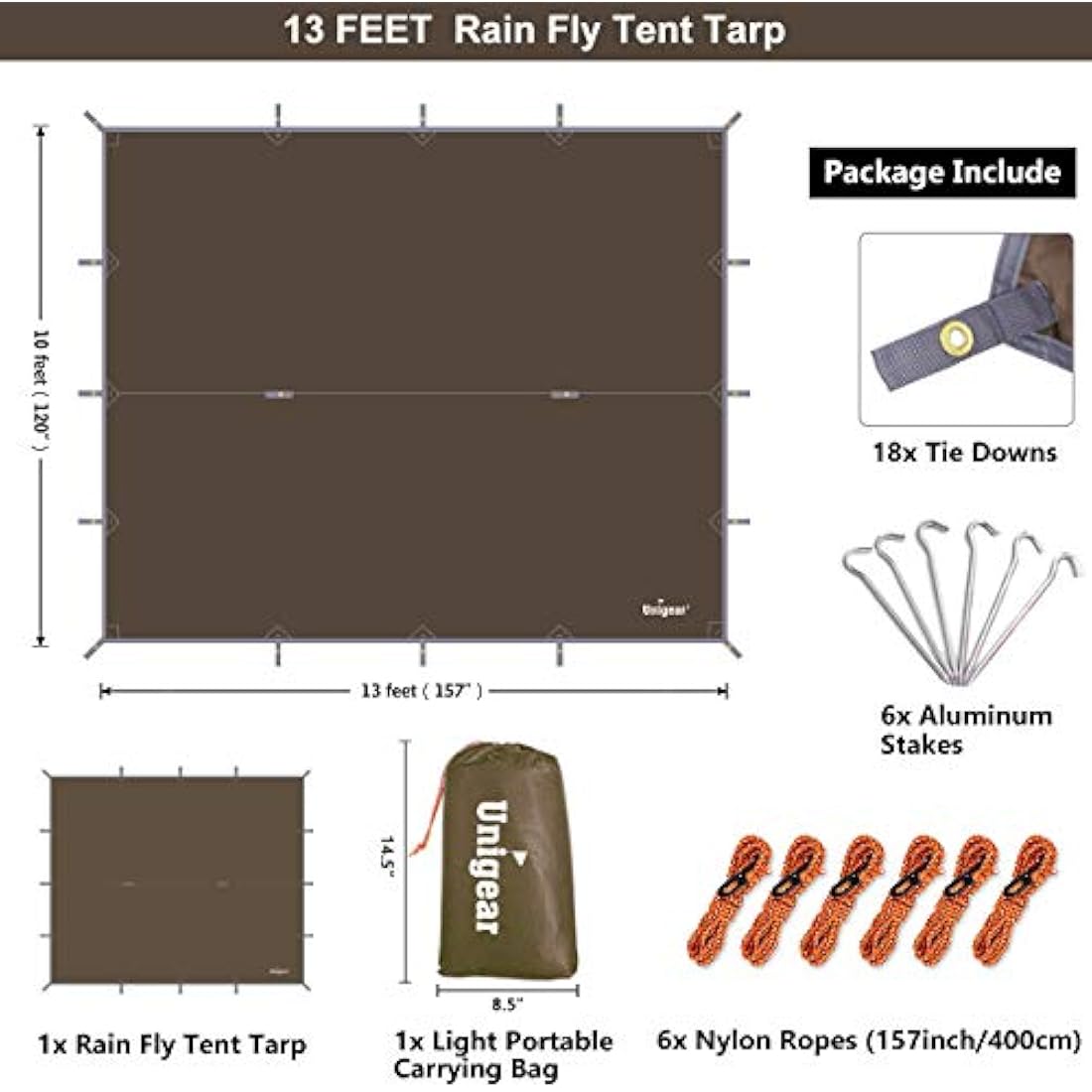 Unigear Tarp Rain Fly Tarp Waterproof Tent Cover Hiking Shelter Foldable Lightweight Waterproof for Camping and Protection Against Rain, Snow and Sun