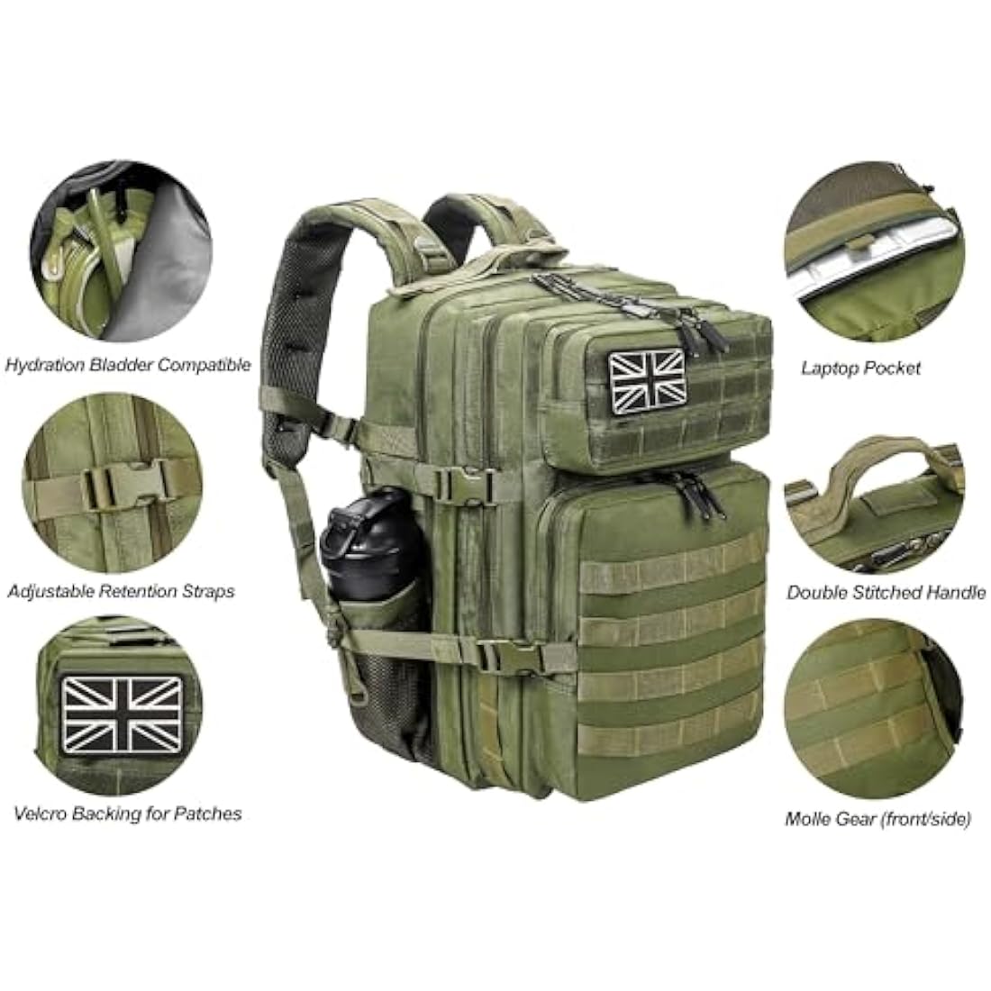 LHI Military Tactical Backpack for Men and Women 45L Large waterproof Rucksack for School, Hiking, Trekking, Hunting