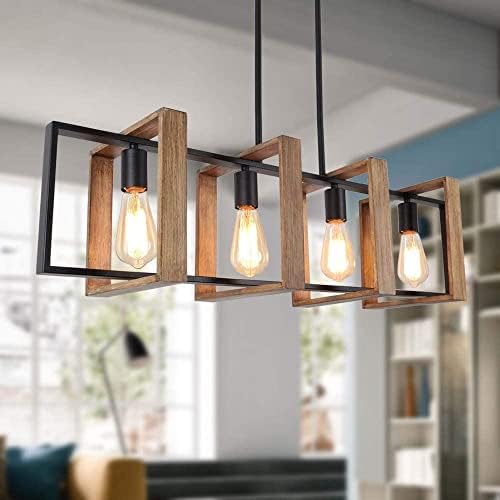 Kitchen Island Lighting,4 - Light Dining Room Farmhouse Chandelier,Black Modern Pendant Lighting,Pool Table Lights,Wood and Matte Black Metal Finish (4 Heads,Wood)