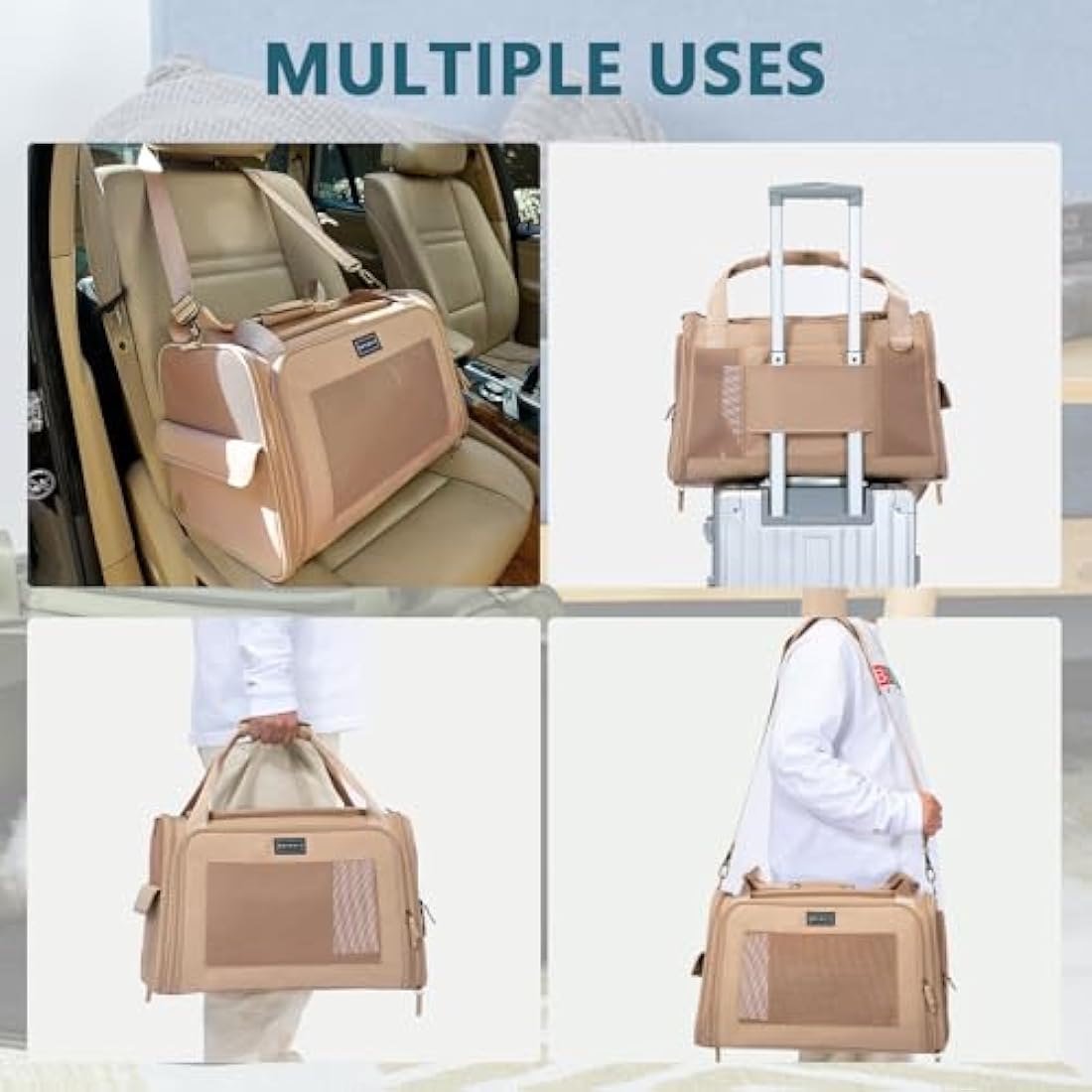 Petsfit Cat Carrier Soft Sided Travel Carrier, Dog Carriers with Expandable mat and Quadrangle Oxford Fabric Mesh, Portable Dog Bag with Upgraded Large Space, Khaki