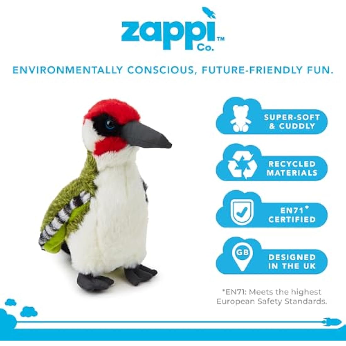 Zappi Co Green Woodpecker Plush Toy (25cm) - Playful, Cuddly Bird, Eco-Friendly for Children, Enhances Imaginative Play, 100% Recycled
