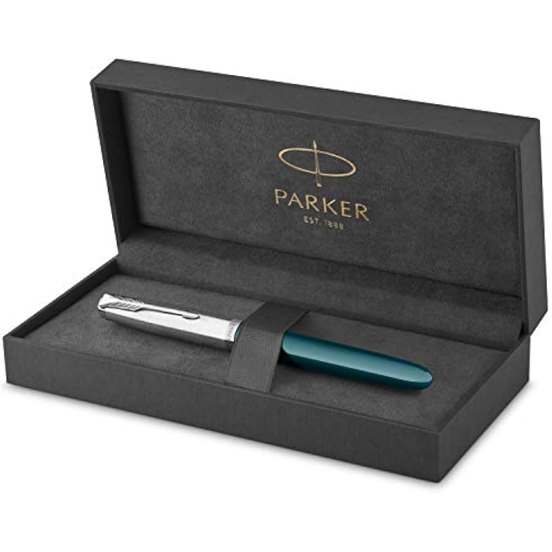 Parker 51 Fountain Pen | Teal Blue Barrel with Chrome Trim | Fine Nib with Black Ink Cartridge | Gift Box