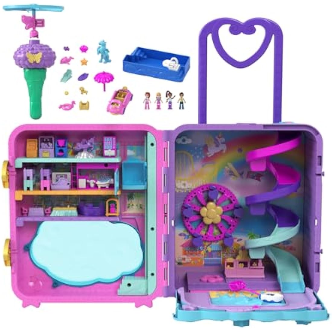 Polly Pocket Pollyville, Resort Roll Away Playset with Rolling Wheels, 5 Play Areas, 4 Dolls, 1 Vehicle, 30 Toy Accessories, Toys for Ages 4 and Up, HKV43