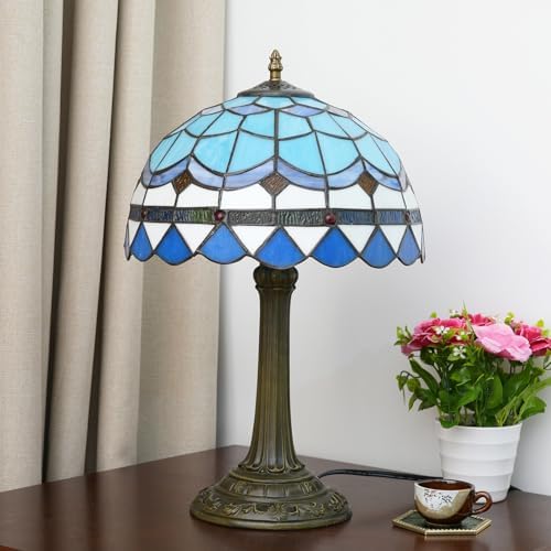 Tiffany Table Lamp Stained Glass Lamp Mediterranean Blue Bedroom Table lamp Reading Desk Light for Bedside Living Room Office Dormitory Dining Room Decorate Housewarming Gift 12X12X18 inches