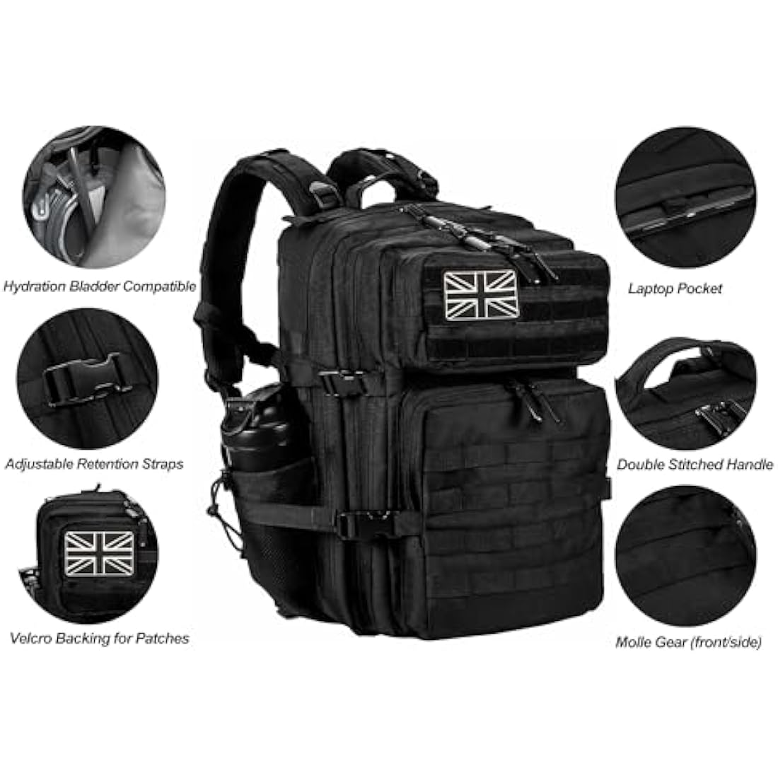 LHI Military Tactical Backpack for Men and Women 45L Large waterproof Rucksack for School, Hiking, Trekking, Hunting