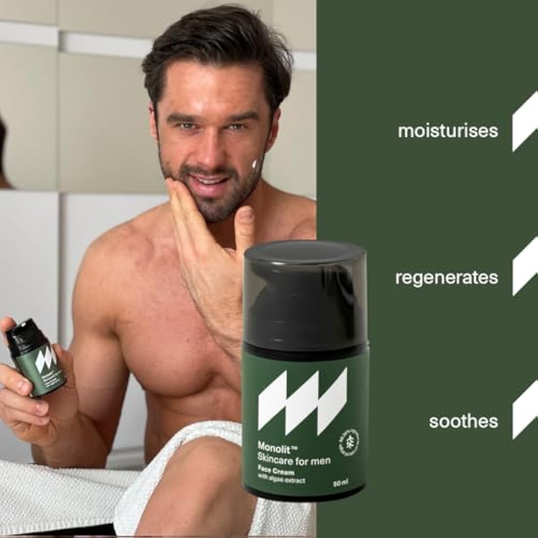 Monolit Face Cream with Algae Extract, For Man, Nourishing Avocado Oil, Anti-aging Spirulina, Moisturizing Coconut Oil, 50ml