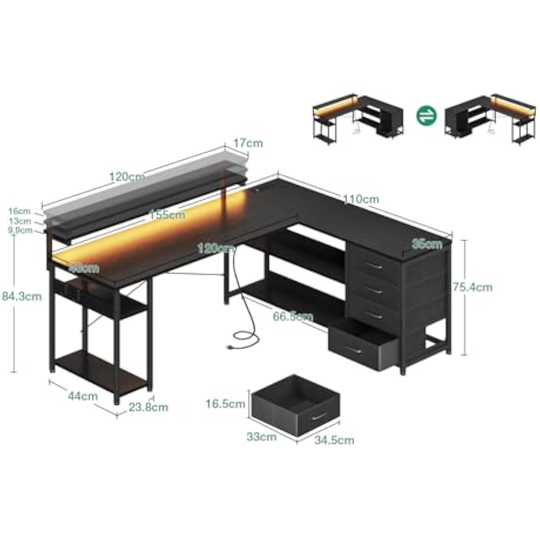ODK Corner Desk with Drawers, L Shaped Gaming Desk with LED Lights & Power Outlets, Reversible Computer Desks for Home Office Workstation, Office Desks with Monitor Shelf, 155×110 cm, Black