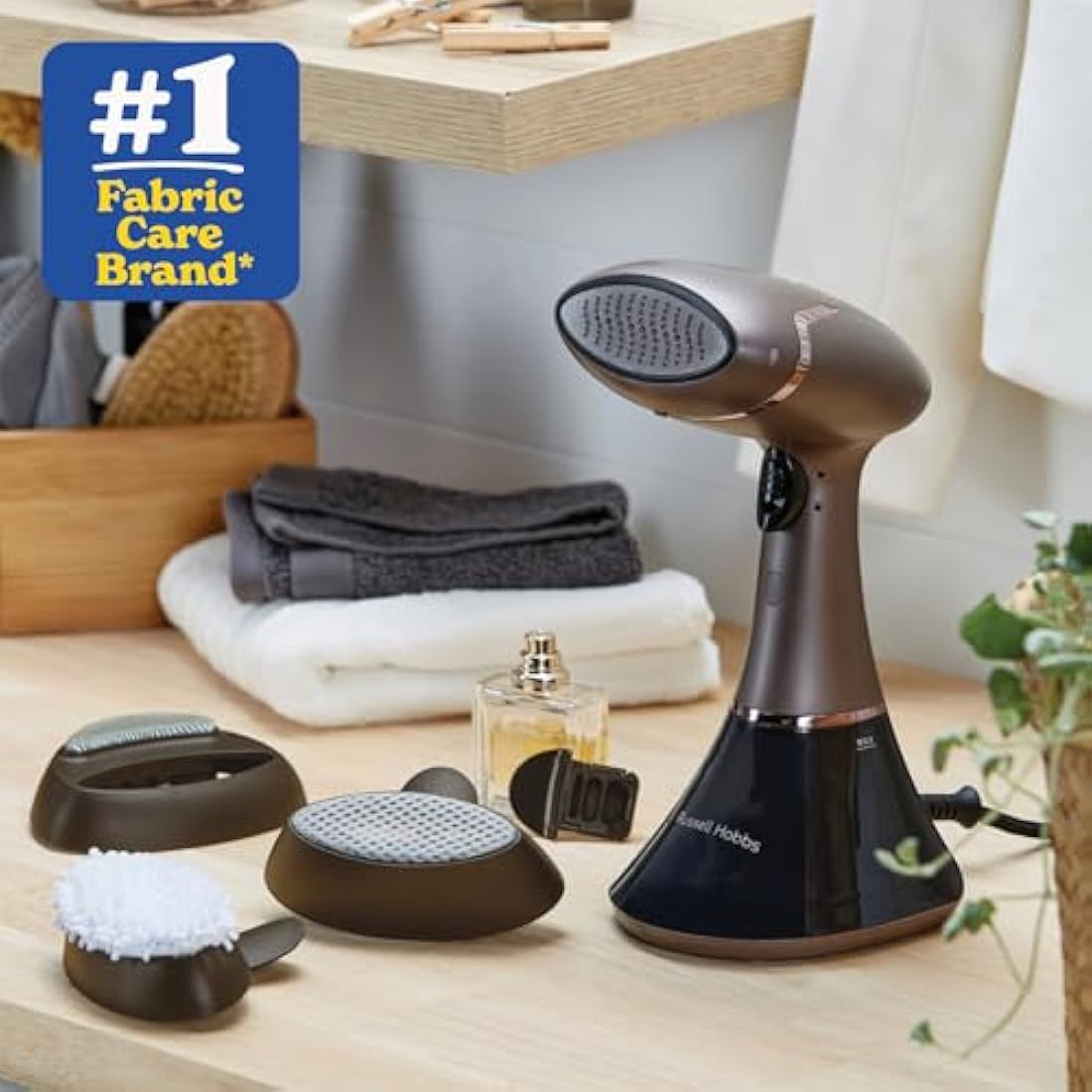 Russell Hobbs Handheld Clothes Steamer [Multipurpose, Antibacterial] Steam Genie Aroma (1800W, 32g/min steam, travel iron, Ceramic, 4 accessories: fragrance diffuser,curtains, clothes) - 28040