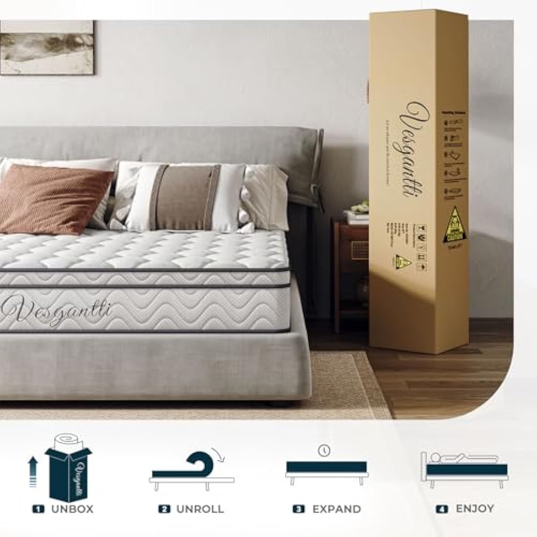 Vesgantti Small Single Mattress 75 x 190cm, 10.3 Inch Hybrid Mattress with Breathable Foam and Individually Pocket Spring - Medium Firm, Classic Box Top Collection