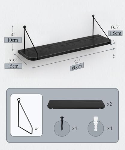 SUMGAR Black Floating Shelves for Wall Shelf Unit 60cm Long for Bedroom Bathroom Kitchen Wood Storage Organiser Modern Decorations Display for Living