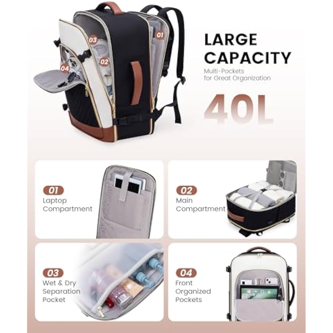 LOVEVOOK Travel Cabin Backpack Womens Large Hand Luggage Rucksack Bag for Plane 40L Weekend Overnight Carry On Bag Waterproof 17 inch Laptop Backpack Ladies Maternity Hospital Bag