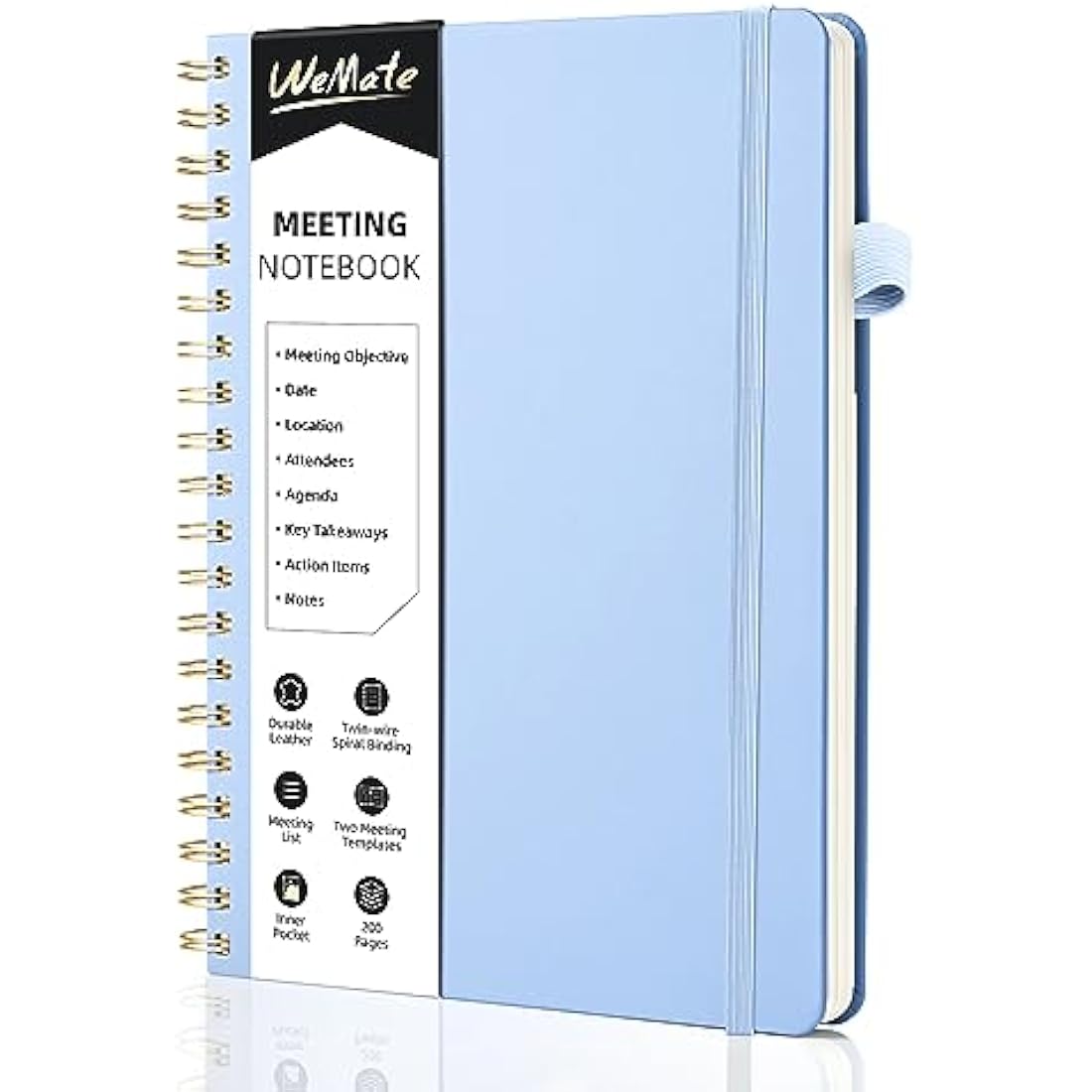WEMATE Meeting Notebook B5 (7"x10") - PU Leather Planner Notebook with Agenda, Action Items & Notes - 200 Pages for Men&Women, Staff and Students, Meeting, Projects Planning - Light Blue