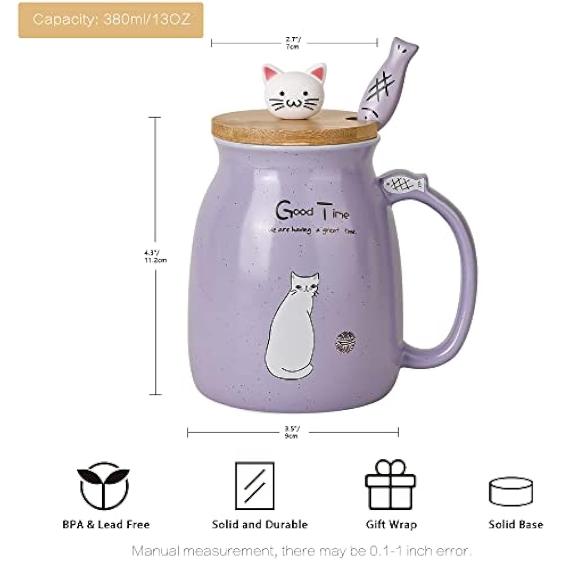 Cute Cat Mug Set of 4 Ceramic Coffee Cups with Lovely Kitty lid and Fish Spoon Novelty Morning Tea Milk Mug Set for Girls Women Christmas Birthday Gift Mug 450ML/15oz (4pcs,Blue Pink Purple Yellow)